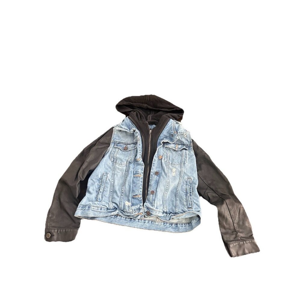 Blank NYC Jacket Denim Hoodie Sweatshirt With Leather Sleeves Women’s Size Larg - Picture 2 of 5
